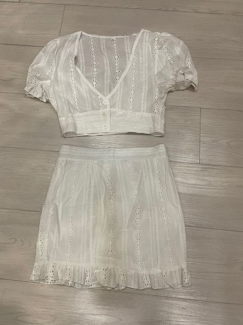 White Eyelet Cotton Strapless Top and Skirt Set