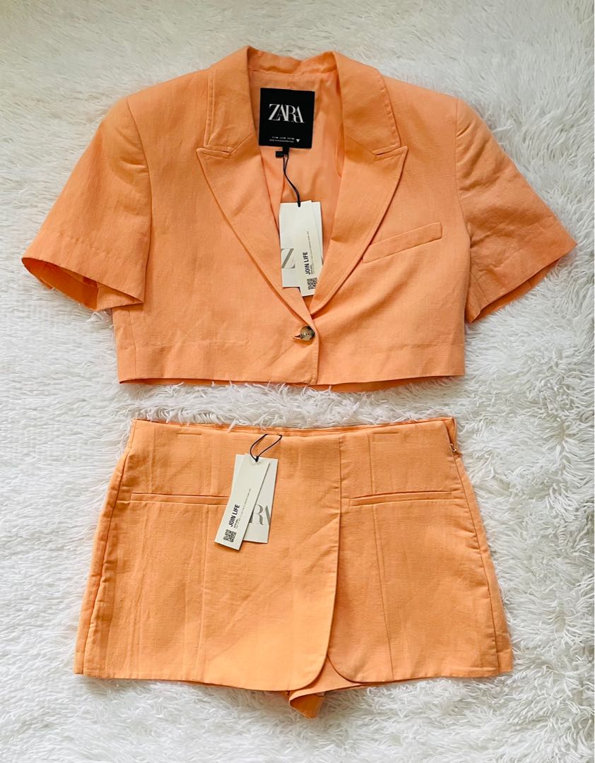 Zara Linen Blend Coords Tangerine, Women's Fashion, Dresses & Sets