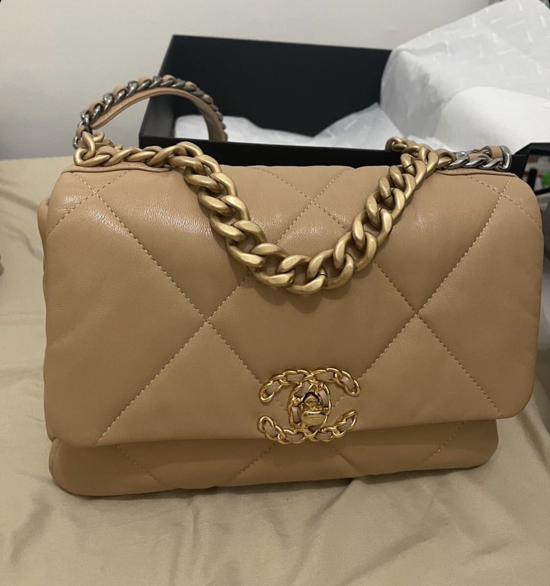 Authentic Chanel 19 Dark Beige, Luxury, Bags & Wallets on Carousell