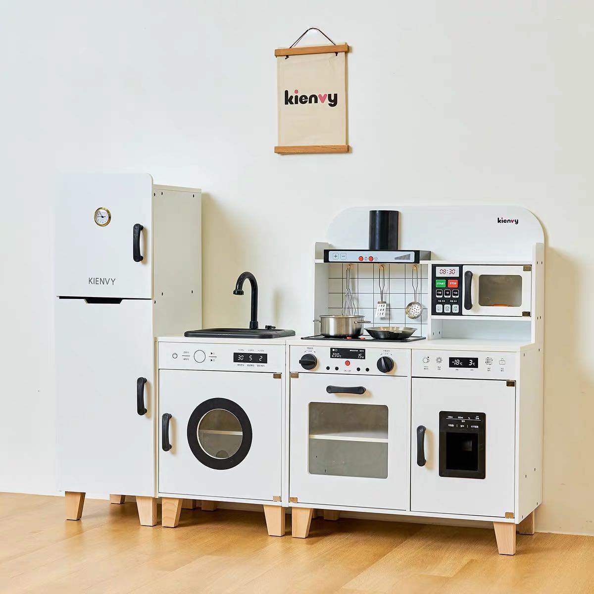 Set of 3 BNIB Korean Kienvy Set of 3 Kids Wooden Kitchen Sink and Fridge Set White Blue Yellow Montessori Play Pretend Wooden Kitchen Set Play Set
