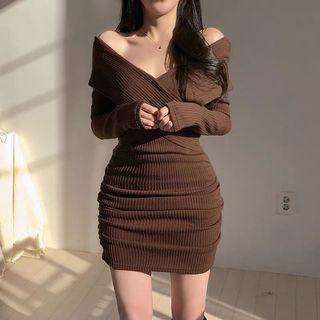 Brown Knitted Off Shoulder Dress