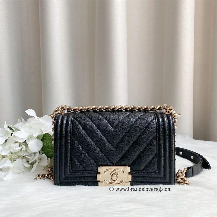 Sold Chanel Small 20cm Boy Flap in Chevron Quilted Black Caviar GHW Luxury Bags Wallets on Carousell