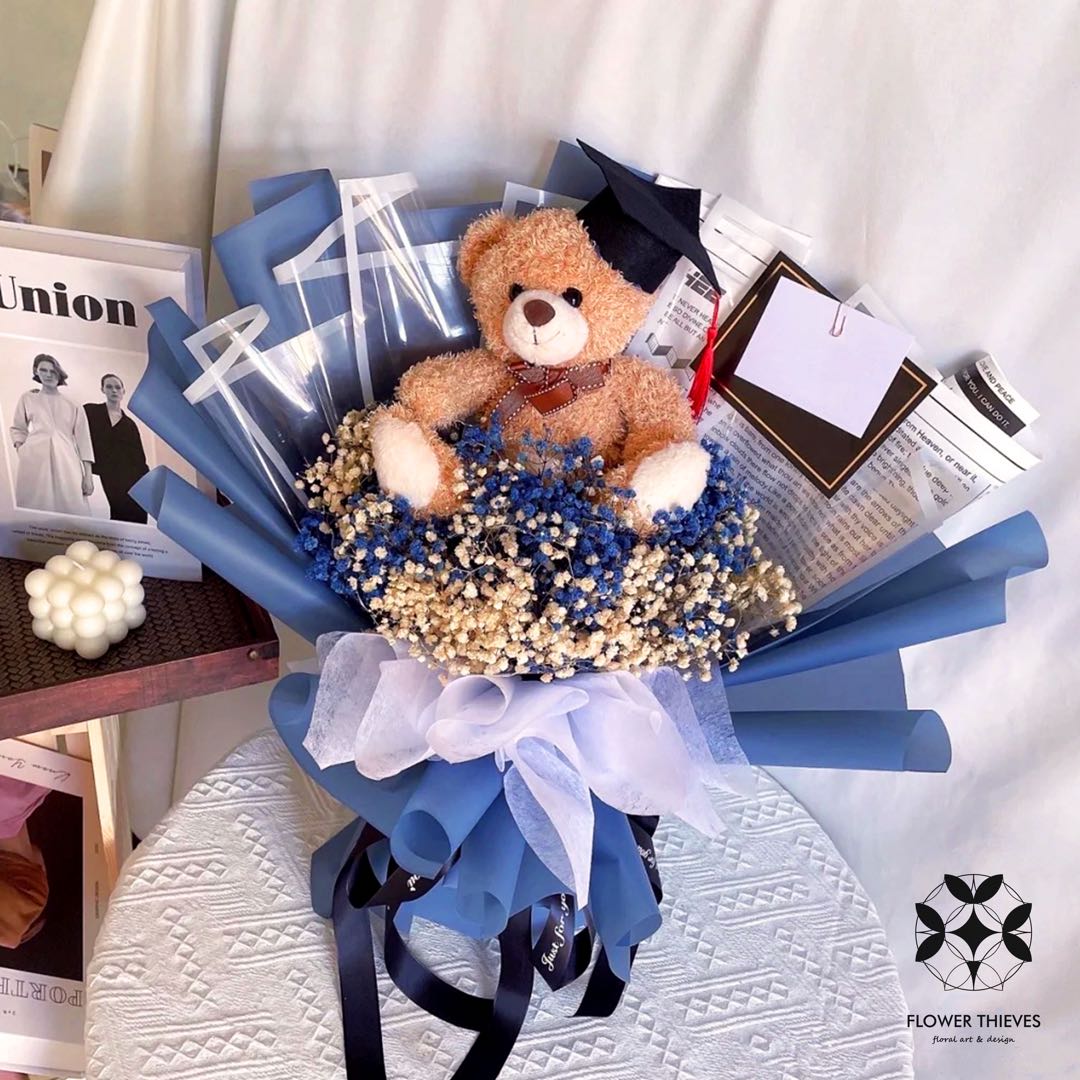 Graduation Flower Bouquet Dried Baby Breath with Graduate Bear Bouquet