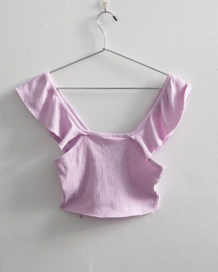 Trafaluc by Zara Lilac Ruffle Sleeve Crop Top, Women's Fashion, Tops