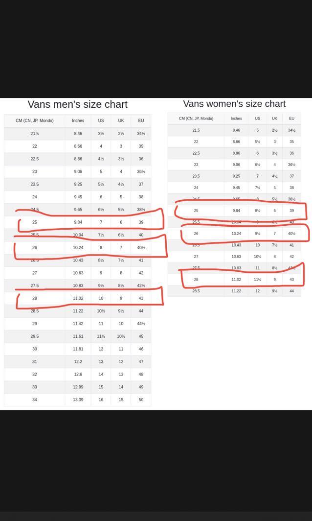 Vans men's deals size conversion