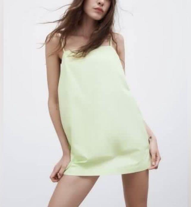 ZARA NWT SIZE S, M, WOMAN LINEN BLEND CUT OUT HALTER DRESS LIME GREEN |  7707/939