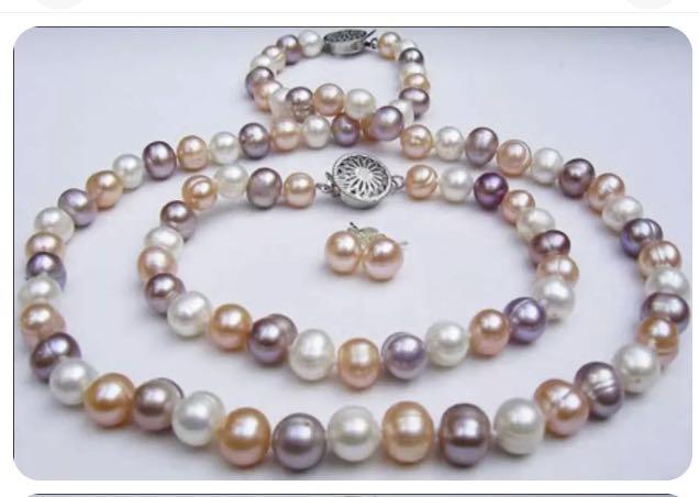 8-9MM Natural Multicolor Freshwater Cultured Pearl Necklace Earring Jewelry Set 