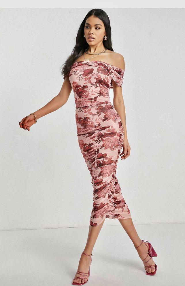Asos off shoulder midi dress in pink red floral prints Women s
