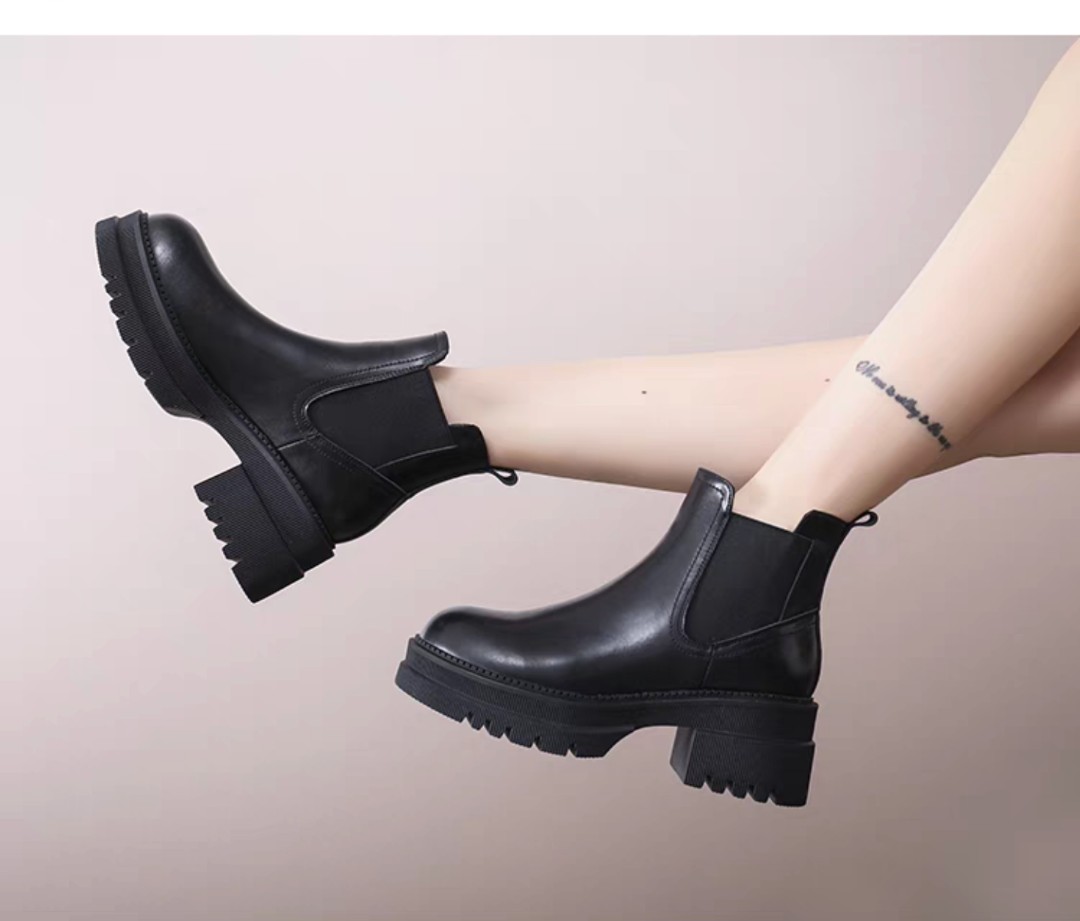 platform black leather ankle boots