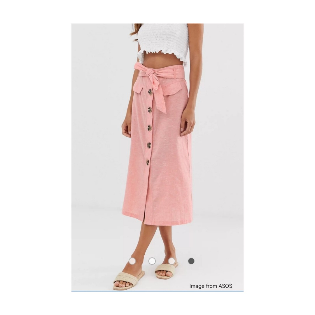 Stradivarius button front midi skirt with 2025 bow in pink