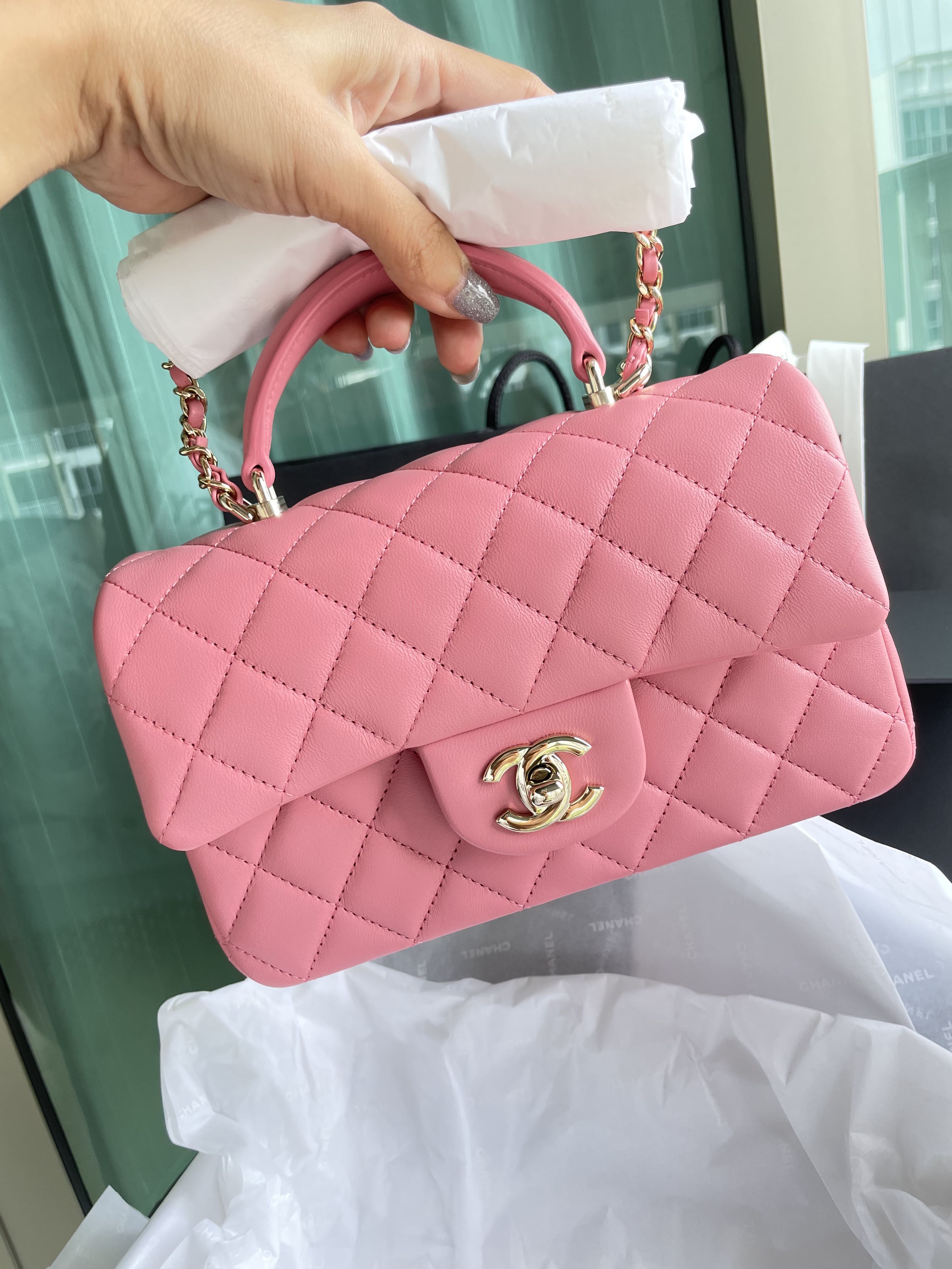 used Pre-owned Chanel Top Handle Mini Flap Bag 2 Way Pink Gold Hardware As2431 (Good), Adult Unisex, Size: (HxWxD): 12cm x 20cm x 6.5cm / 4.72'' x