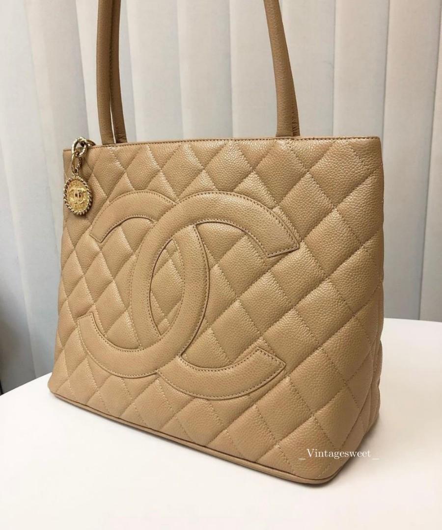 Chanel Caviar Medallion Tote Bag in Beige and 24k Gold Hardware