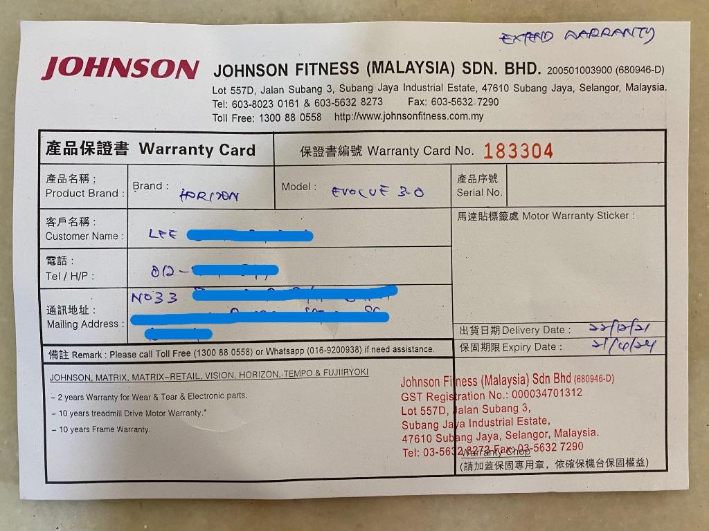 Johnson fitness sales delivery