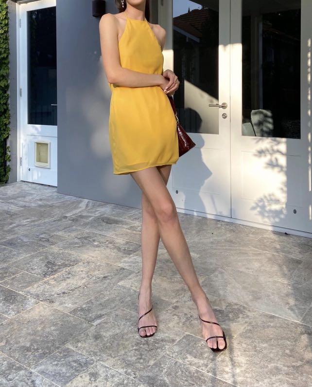 Revolve x NBD Yellow Flora Halter Low Drape Backless Mini Dress