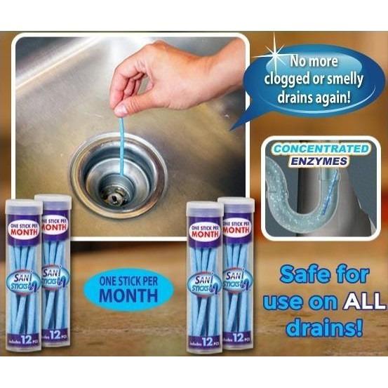 Sani Sticks Clear Drain Drainage Sink Pipes Clearing Odour Free Clog