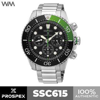 Seiko Prospex Black Dial Green Accent Solar Chronograph Stainless Steel Diver Watch SSC615 SSC615P1