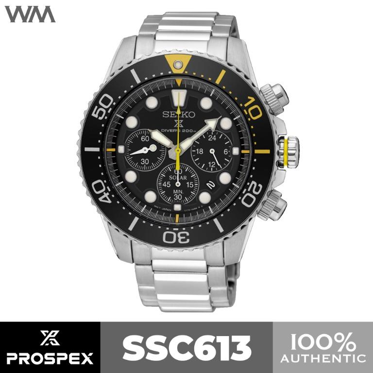 Seiko Prospex Black Dial Yellow Accent Solar Chronograph Stainless Steel Diver Watch SSC613 SSC613P1