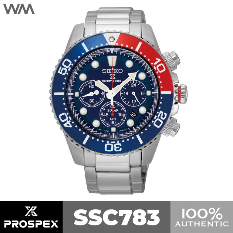 Seiko Prospex Pepsi Solar Chronograph Stainless Steel Watch SSC783  SSC783P1, Men's Fashion, Watches & Accessories, Watches on Carousell