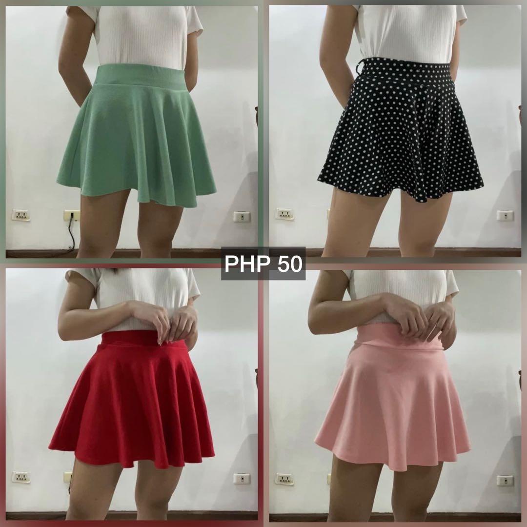 Thrifted Shorts and Skirts (Category: Skirts) located in Manila. Submitted by teasthings (Listing ID 1170963779, Image 1). Description: Mint Green, Red and Pink Skirt Polka Dot Shorts Green Mini Skater Skirt • Preloved • Worn once or twice • Well-kept, excellent condition Model’s measurement • Waist: 28 in • Height: 5 ft 2 in, 157 cm Last price! MOP: GCash or BDO Delivery c/o buyer.
