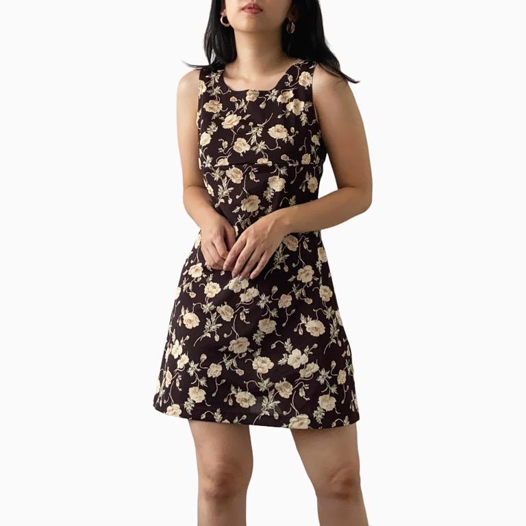 90s dark brown floral short casual vintage a line dress Women s