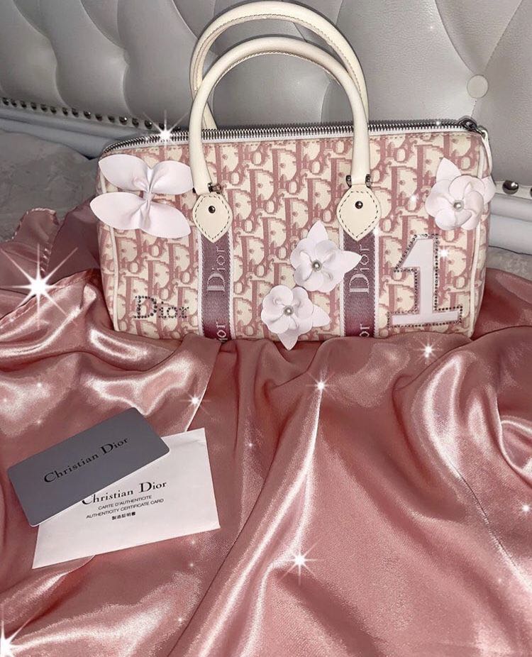 100% Authentic Dior W Receipt & Card Pink White Cherry Blossom Monogram Bag  Vtg