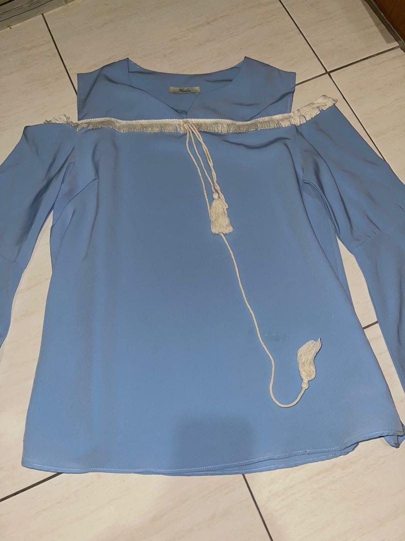 Blue cut out blouse, Fesyen Wanita 