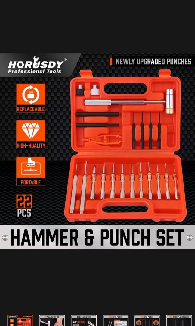 HORUSDY 23-Piece Punch & Hammer Set – Roll Pin Punches, Hollow End Starters, Bench Block, Interchangeable Heads For Maintenance