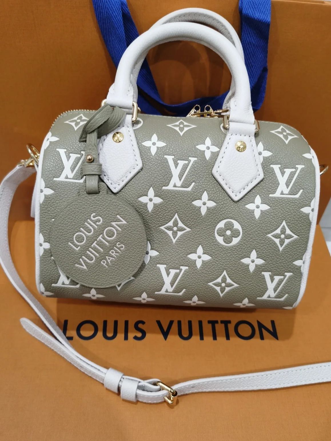 Louis Vuitton Khaki x Beige Leather Monogram Empreinte Speedy 20