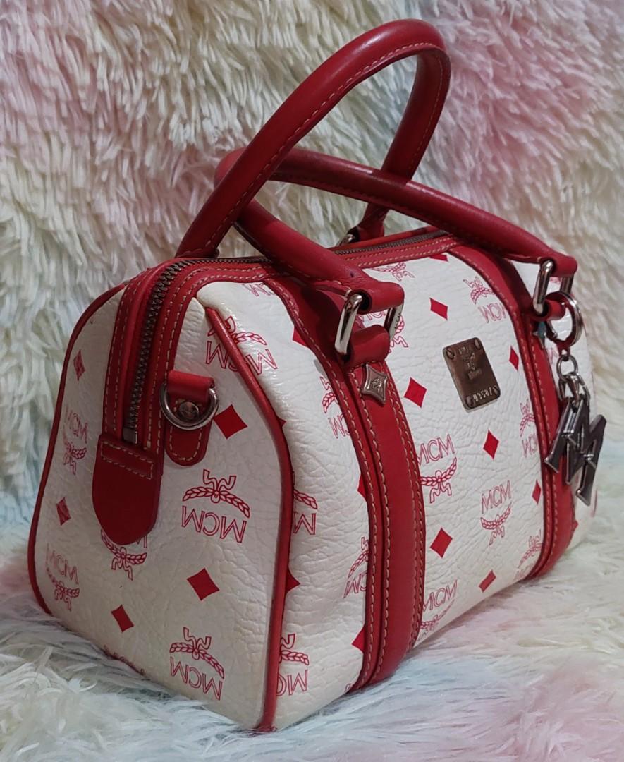 Preloved Mcm White and Pink Visetos Leather Lion Boston Bag E0946 041223