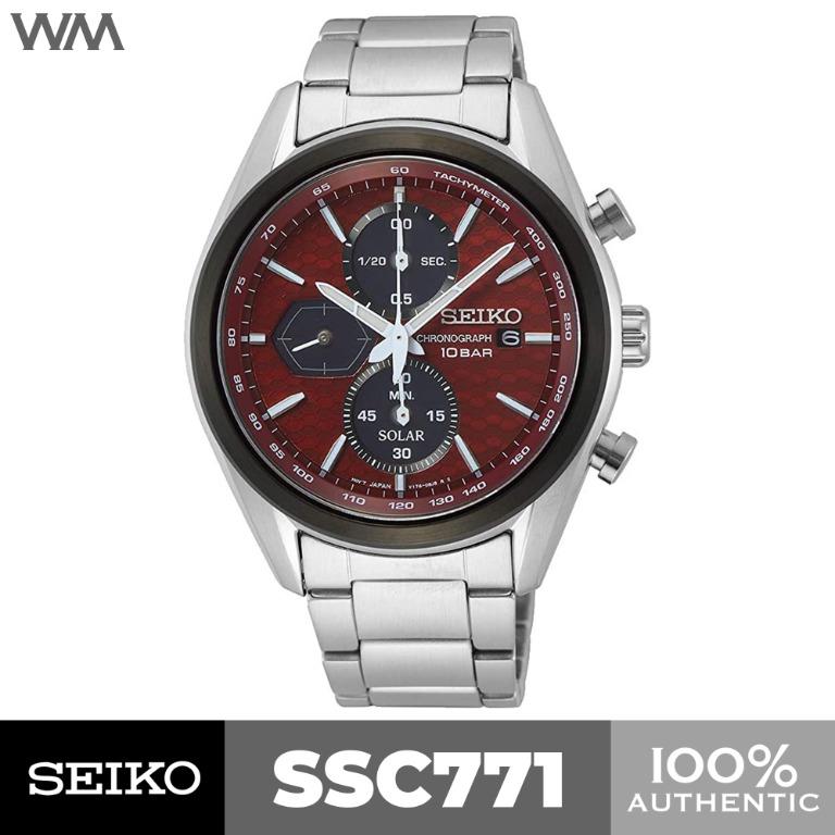Seiko Solar Red Dial Chronograph Stainless Steel Watch SSC771