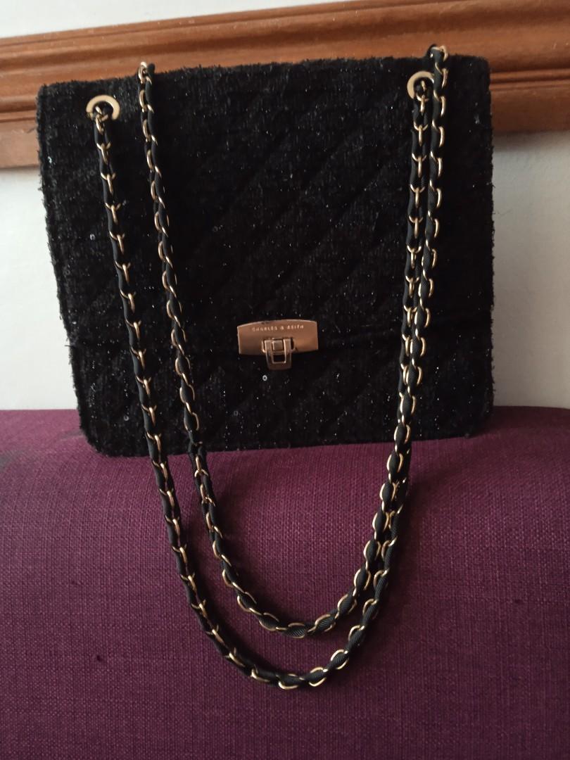 Charles and Keith tweed bag chain sling (Category: Luxury Bags & Wallets) located in Las Pinas. Submitted by megcristobal (Listing ID 1171323340, Image 2). Description: Original Charles and Keith tweed bag may rust na yung chain due to usage hndi halata bought last November personal preloved rfs: need cash ❤️.