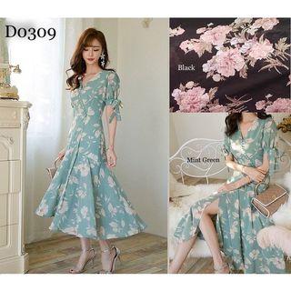 DAISY KOREAN BUTTON FLORAL MAXI VINTAGE DRESS SIMPLE PASTEL LENGAN PITA PANTAI MUSIM PANAS SUMMER