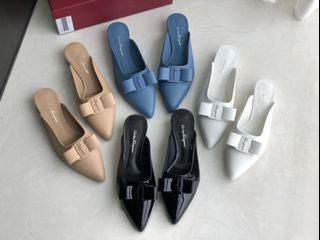 Fer.ragamo solid half drag shoes street slipper bow-detailed women's flat slide sandal mules