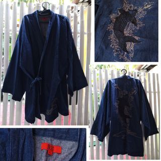 Karasugoi Traditional Black Koi Fish Denim Kimono for Men & Women