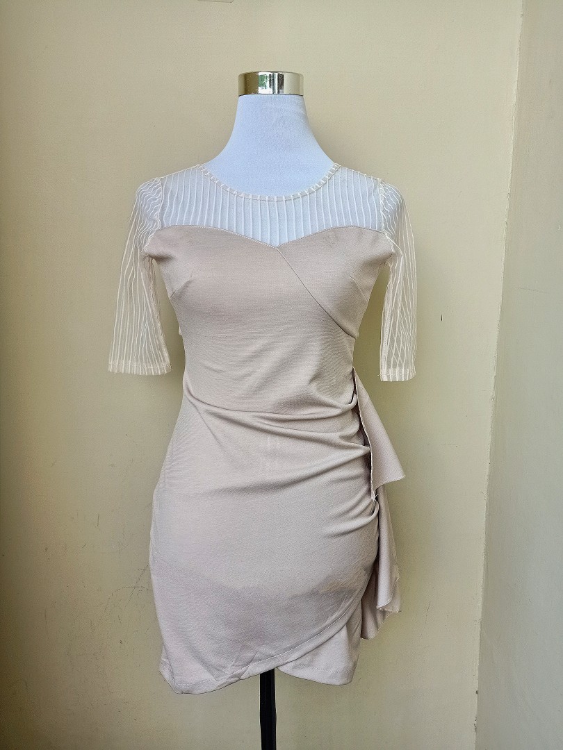 Korean Beige Dress Mini Trendy Classy Office Chic Mesh, Women's Fashion, Dresses & Sets, Dresses