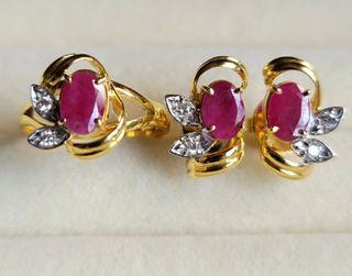 PREOWNED Earring And Ring Ruby with Diamond Set