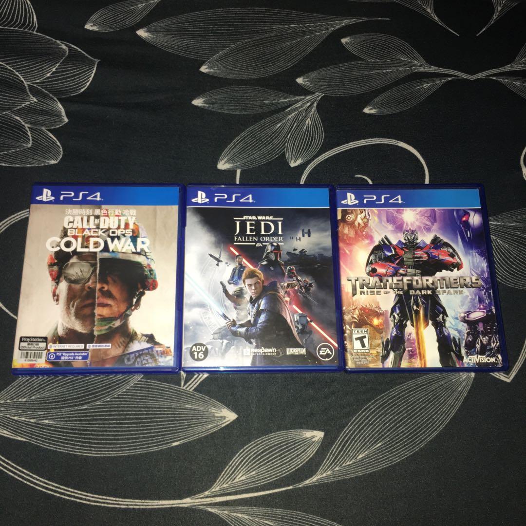PS4 Games (Category: PlayStation) located in Manila. Submitted by smfishi (Listing ID 1171365229, Image 1). Description: For sale only! 1300 - Call of Duty Black Ops Cold War 800 - Transformers Rise of the Dark Spark 800 - Star Wars Jedi Fallen Order Location: Quezon City.