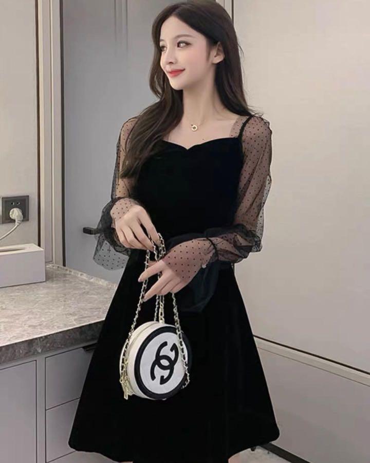 vytoo.id dress pesta wanita cewek velvet sifon lengan panjang polkadot dengan lengan mini maxi midi dress skirt rok furing transparan untuk pesta