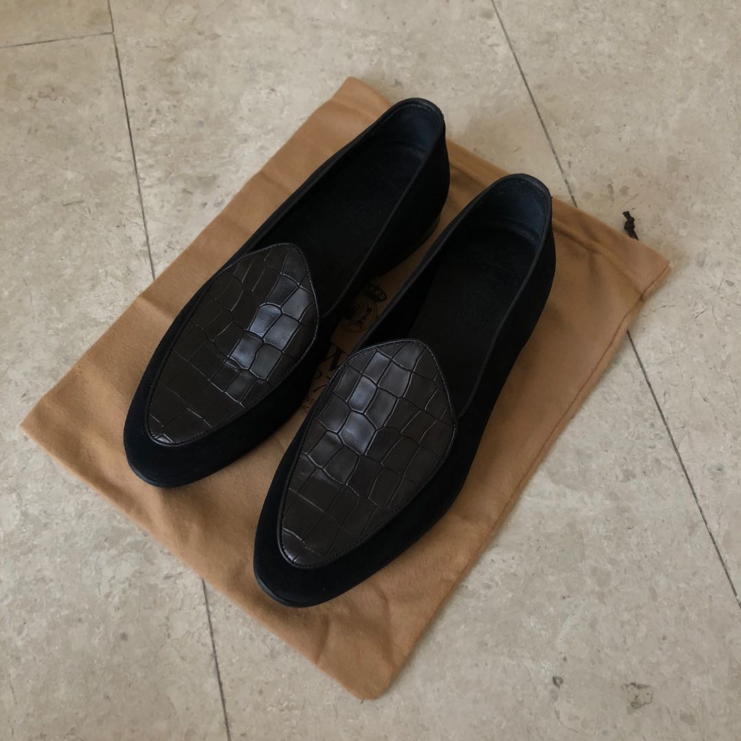 Berwick 1707 Black Suede Croc Embossed Calfskin Belgian Loafers
