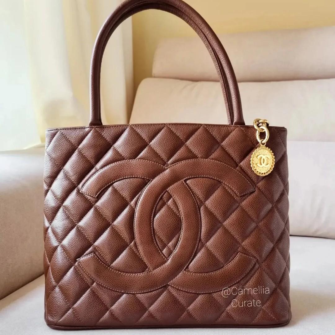 Chanel Vintage Caramel Chocolate Brown Caviar Medallion Tote