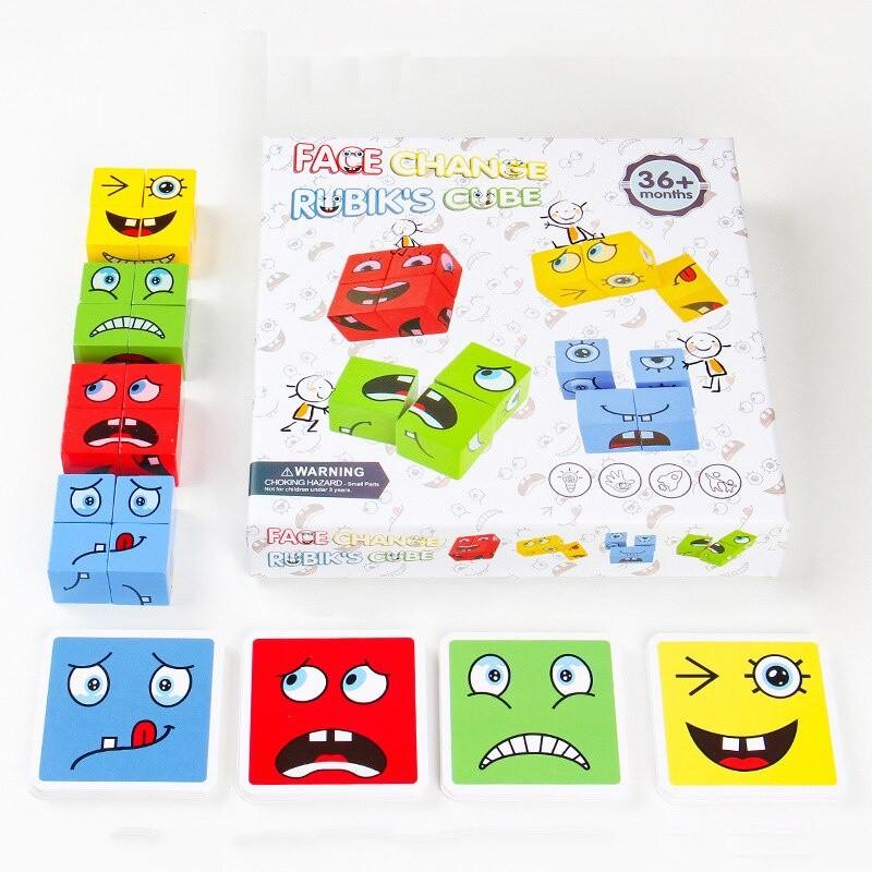 Cube Face Changing Building Blocks Board Game Cartoon Puzzle Montessori  Toys Wooden Level Game Thinking Challenge Kids Toys