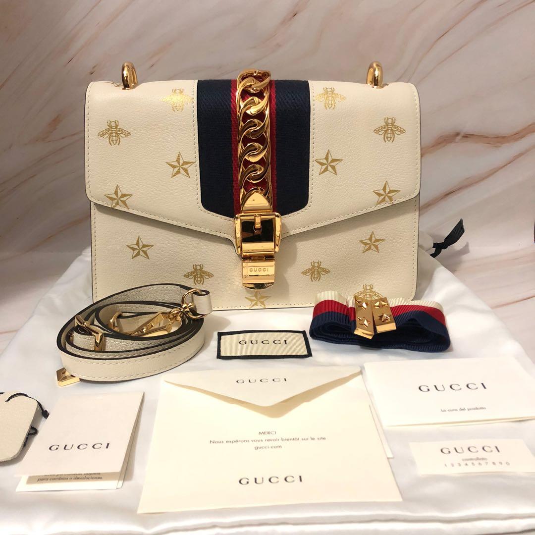 Auth Gucci Sylvie bee and star Crossbody Shoulder Bag Black/Gold Leather  e54452g