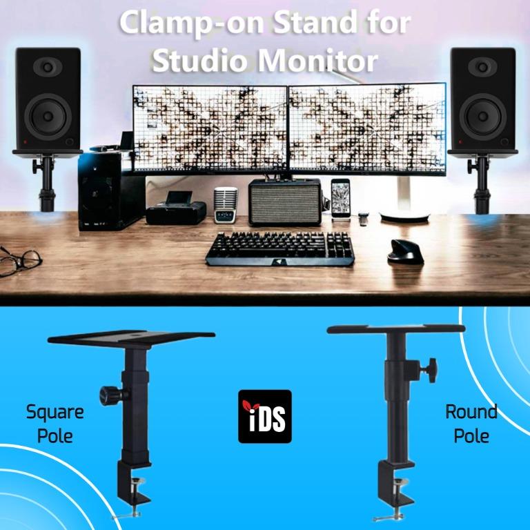 iDS] Desktop Clamp-On Studio Monitor Stand Speaker Stand - Set of 2. Round  or Rectangular pole, 4 different tray plate, Space Saving Design, Audio,  Portable Audio Accessories on Carousell