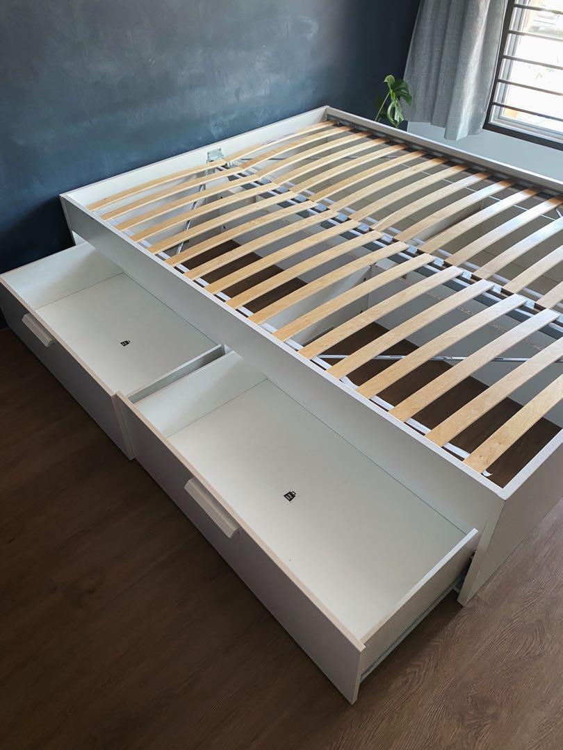 IKEA BRIMNES queen bed with 4 drawers, Furniture & Home Living
