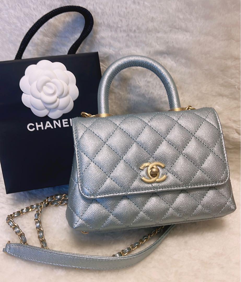 New Chanel  mini Coco Handle Blue Pearly iridescent caviar gold hardware  with strap 22P, Luxury, Bags & Wallets on Carousell