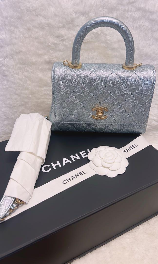 New Chanel 7.5 mini Coco Handle Blue Pearly iridescent caviar gold
