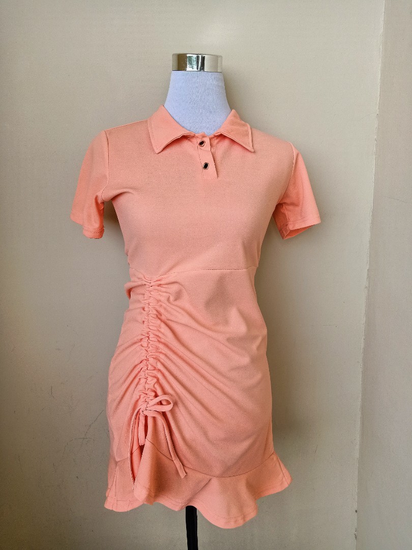 Peach Neon Dress Trendy Korean Polo Button Down Mini Dress, Women's