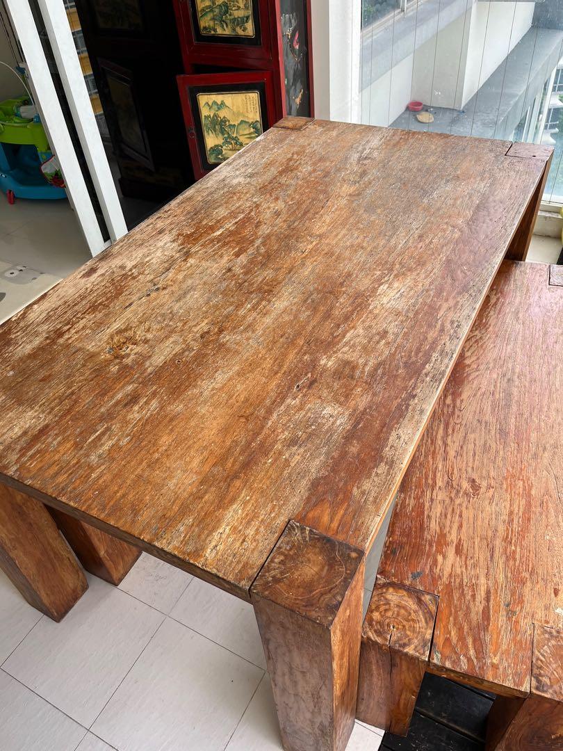 Solid teak Dining table two benches and side stool, Furniture & Home