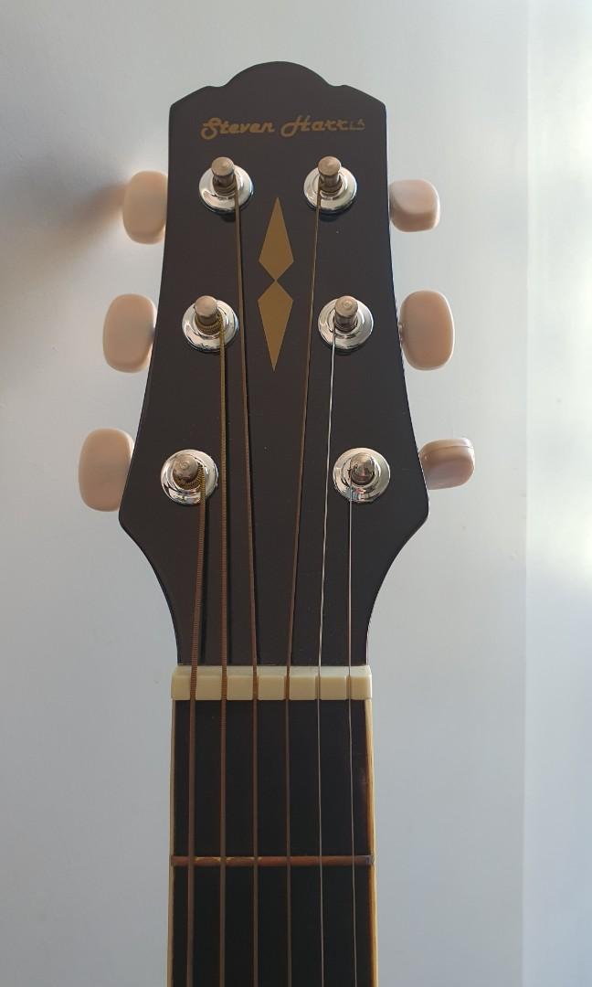 Steven Harris Acoustic Guitar with Freebies (Category: Other Audio Equipment) located in Paranaque City. Submitted by love_opaque (Listing ID 1171498204, Image 2). Description: bought in mall -Lazer Music used only for my son's guitar lesson for a year with flaws: expect scratches and crack paint due to storage see pics strings with rust already, for replacement bought around 4k+ with 11 pcs picks guitar clip guitar bag lalamove and grab only in 