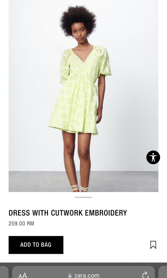 Zara Embroidered Wrap Dress Light Green, Women's Fashion, Dresses